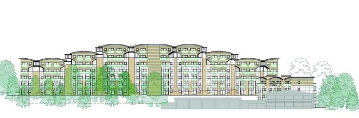 840_723.jpg How the revised Horntye Park development will look - as seen from Bohemia Road. Fire station is shown in grey, bottom right.