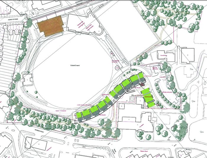 840_724.jpg General plan for the revised development at Horntye Park, showing locations of East, West and South blocks and Bowls Hall.
