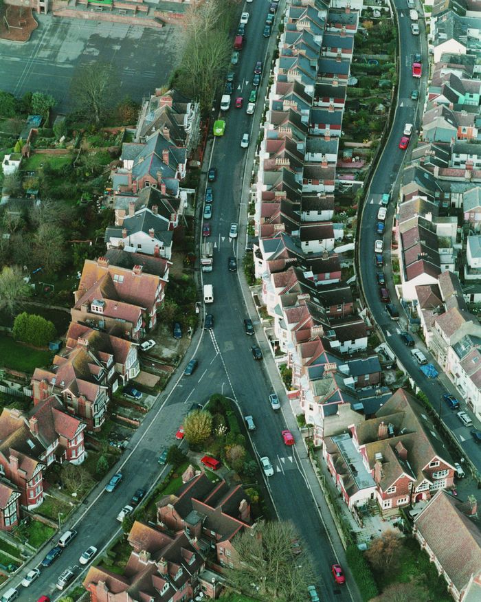 St Peters Road. The road on the left is Cloudesley Road; the one on the right is Cornfield Terrace. Christchurch school playground is top left. [Phot