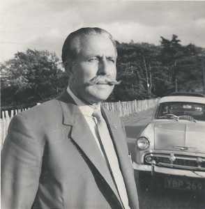 Arthur Booth with 'military' moustache at Fairlight in 1958 next lady friend's car; she took the photo.